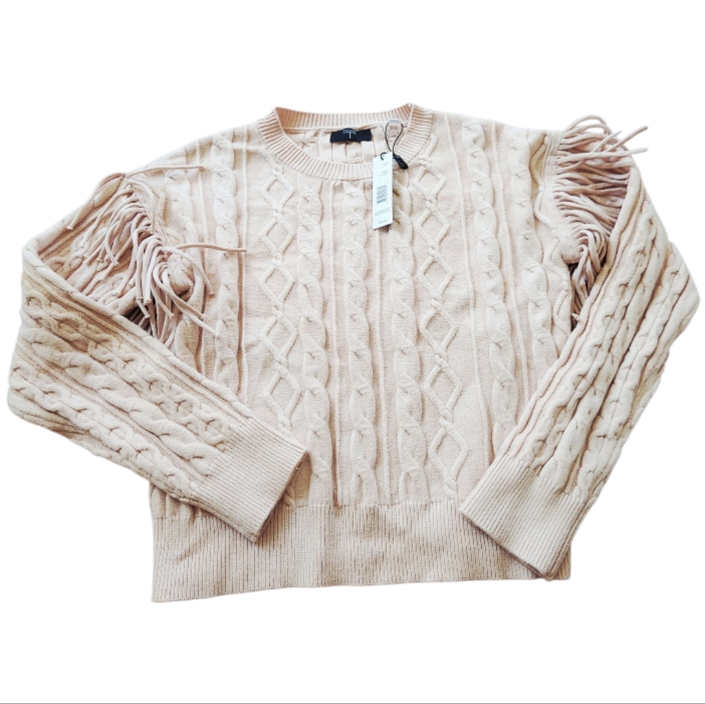 Tahari Fringe Sleeve Sweater Small Nude Beige Cable Knit Boho NWT $88 Women’s